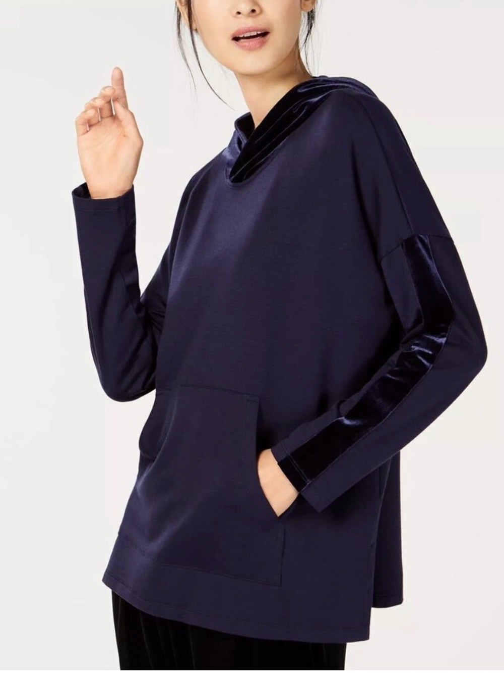 NWOT Eileen Fisher Oversized Velvet Trimmed Soft Lightweight Navy Blue Hoodie